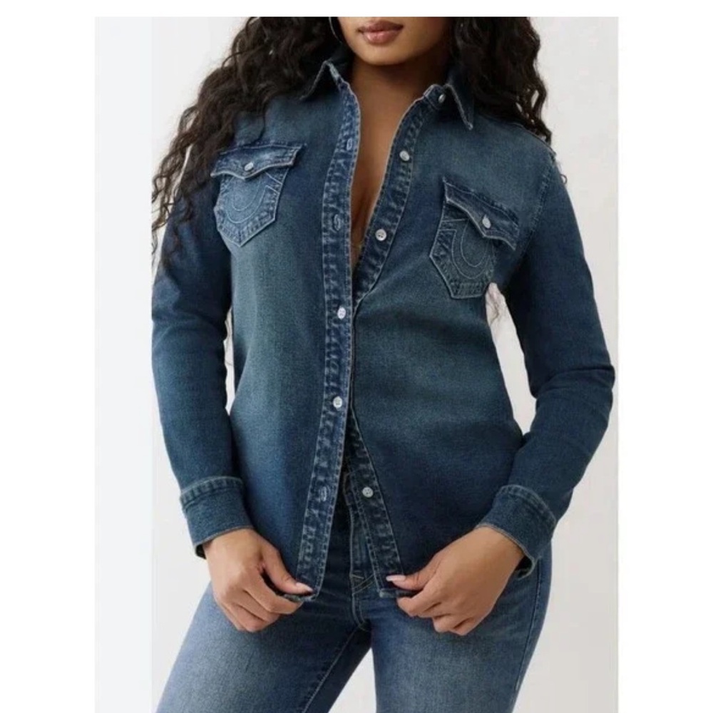 True Religion Georgia Glitter Denim Shirt Size Medium NWT